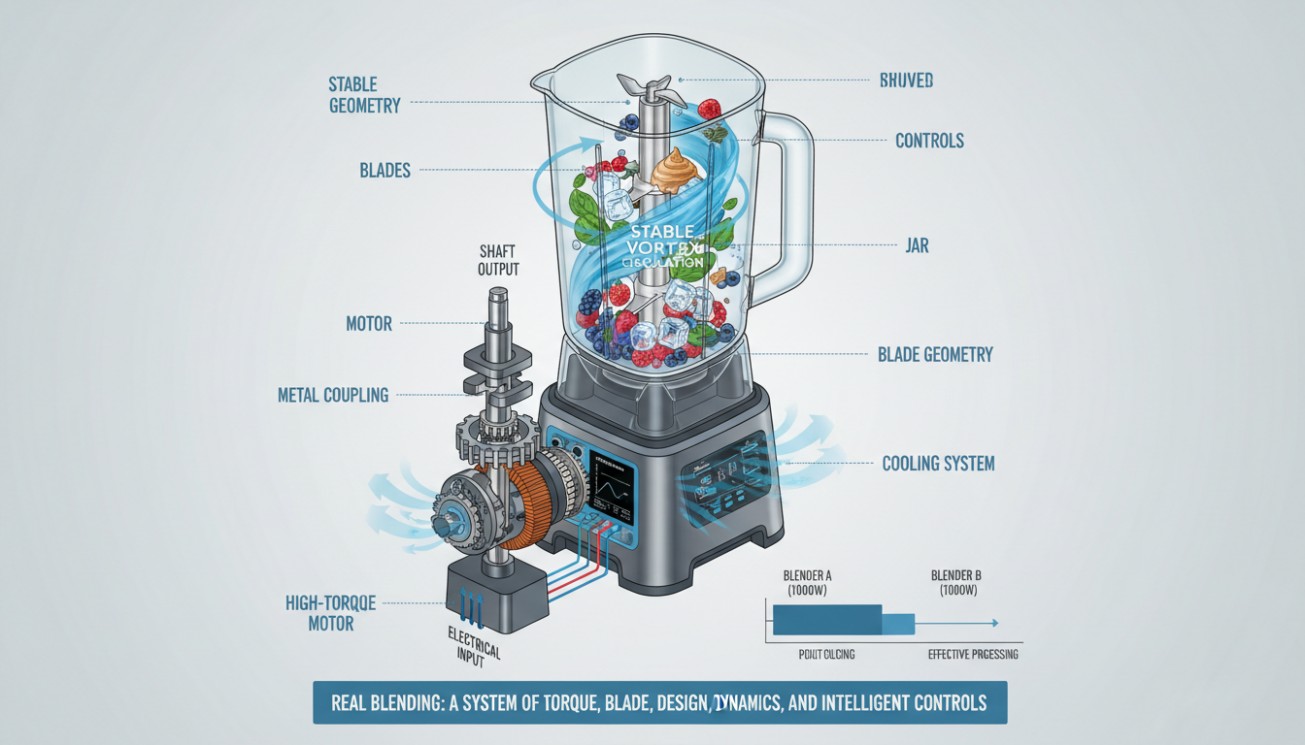 Cutaway illustration of a blender showing the motor, coupling, shaft, blade assembly, jar circulation, controls and cooling system.